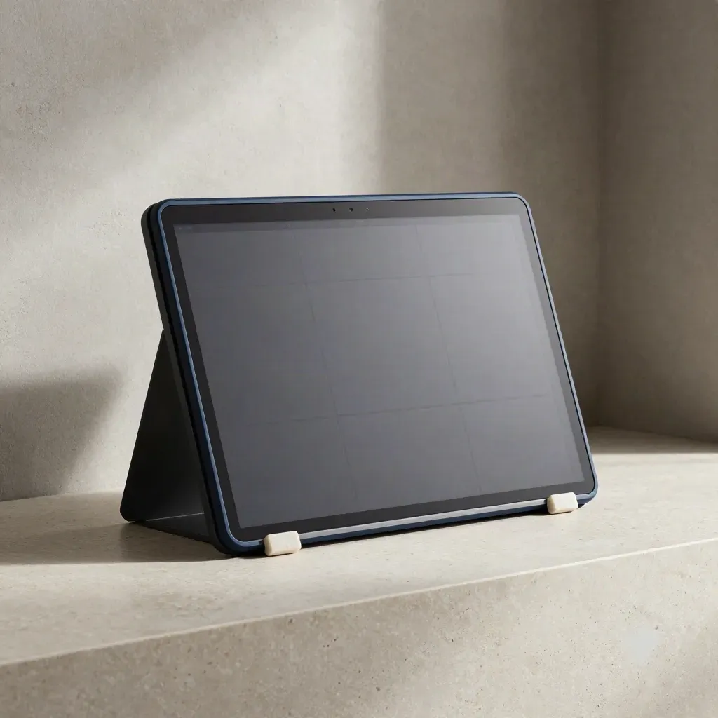 Dark modular dashboard stack on travertine ledge, lit softly in a studio corner.