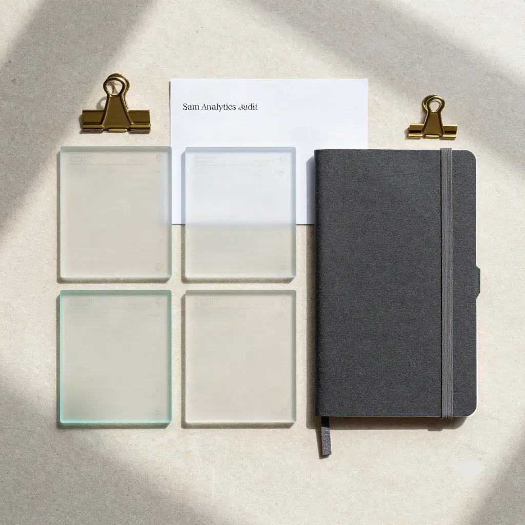 Overhead flatlay of frosted acrylic audit plates, a closed notebook and brass clips on pale stone.