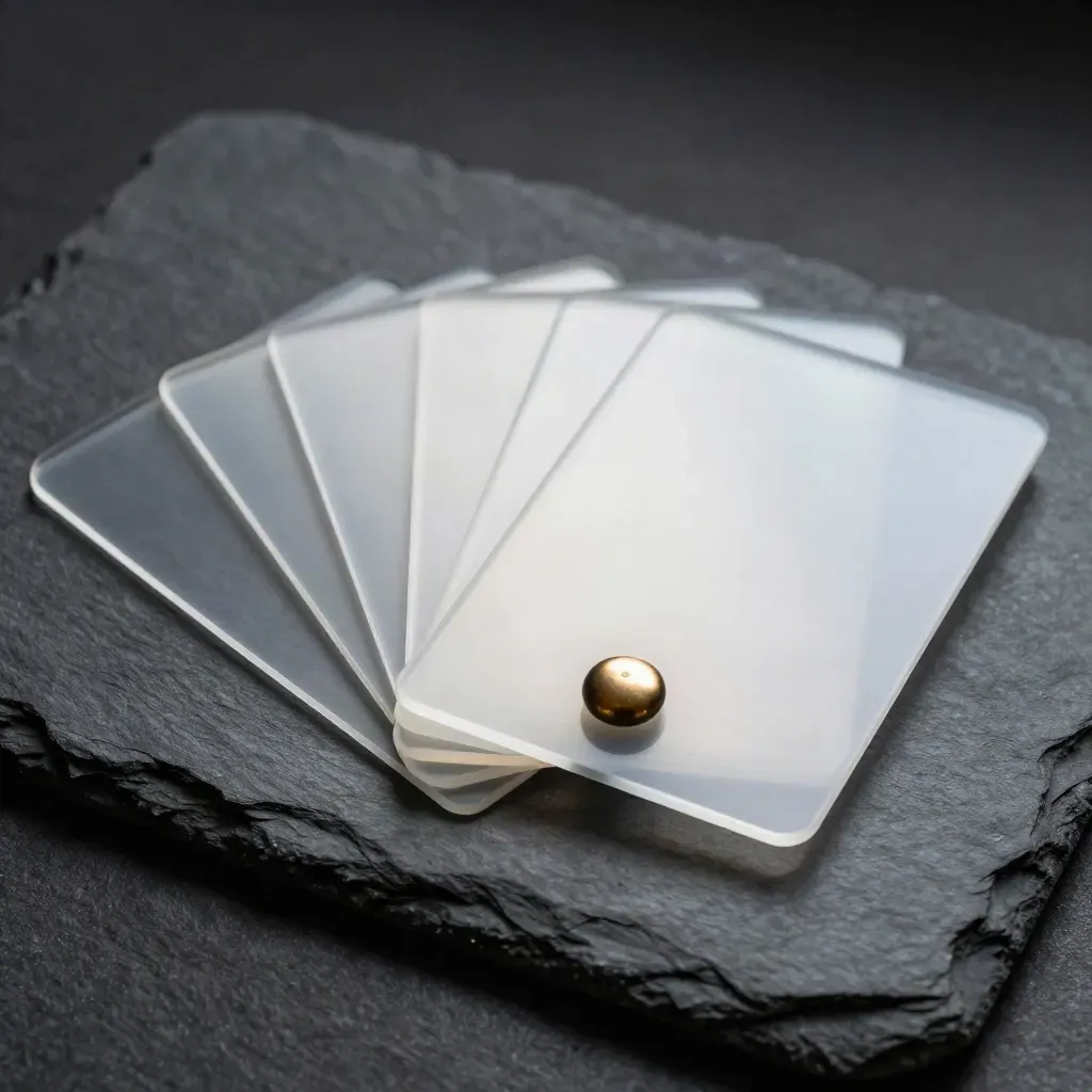 Translucent route cards fan out from a bronze node on dark slate in a dim studio.
