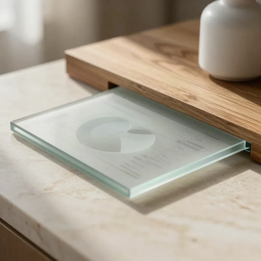 Frosted analytics glass tiles on oak and marble in soft morning light